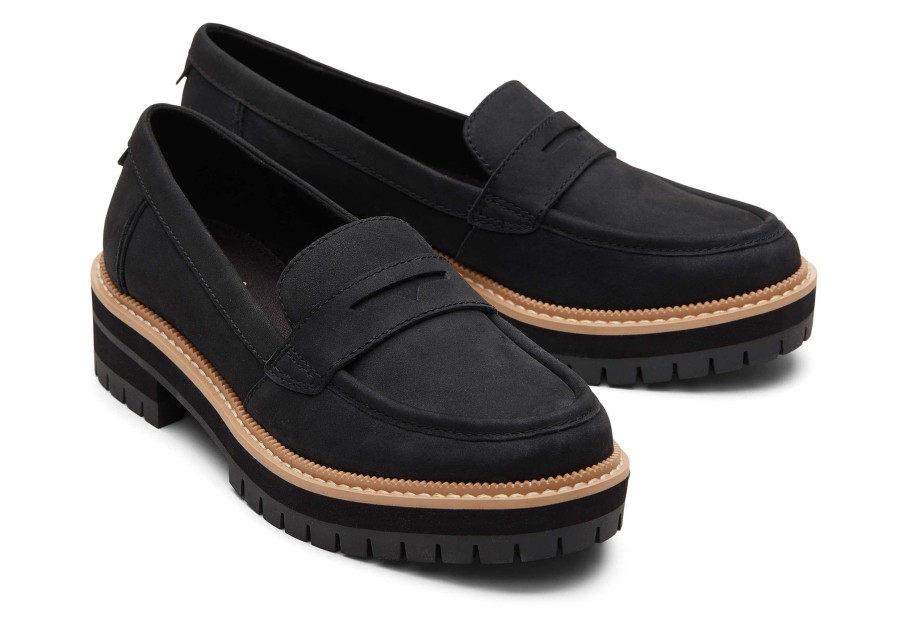 TOMS Platforms | Cara Black Leather Loafer Black/Black