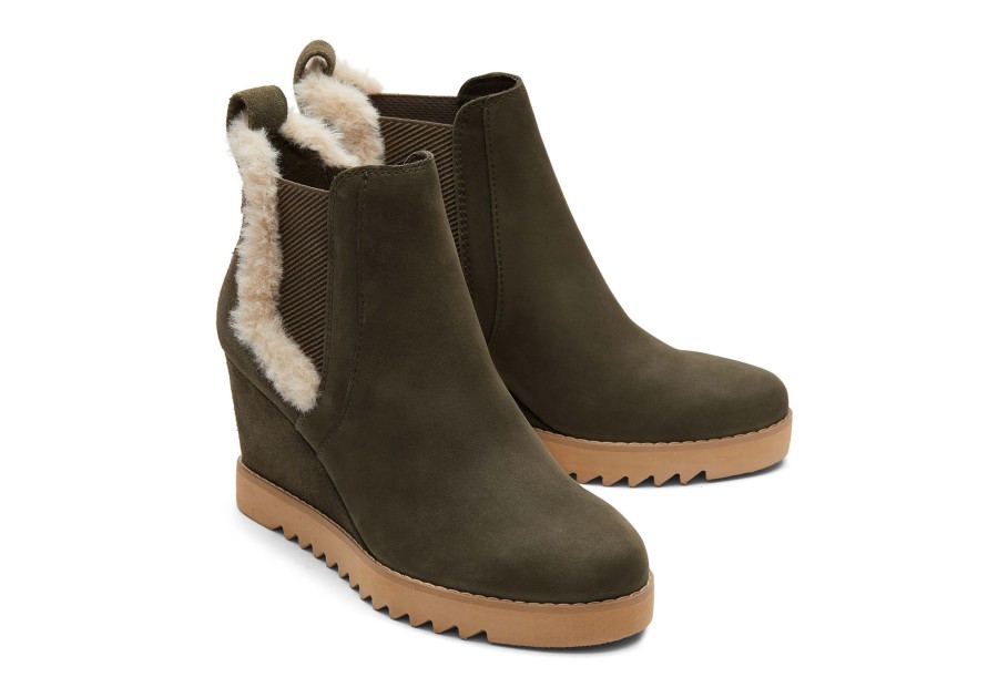 TOMS Heels & Wedges | Maddie Olive Nubuck Wedge Boot Tarmac Olive