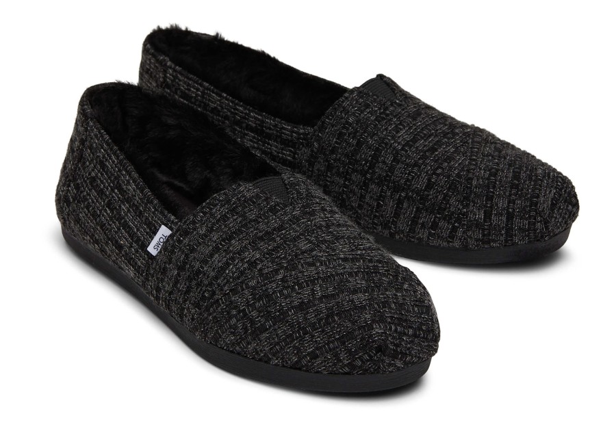 TOMS Slip Ons | Alpargata Black Rib Knit With Faux Fur|Alpargata Black Rib Knit With Faux Fur Rib Knit Black