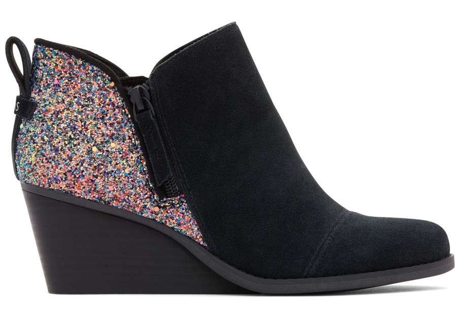 TOMS Dress Casual | Goldie Black Suede And Chunky Glitter Wedge Boot|Goldie Black Suede And Chunky Glitter Wedge Boot Suede Black Chunky Glitter