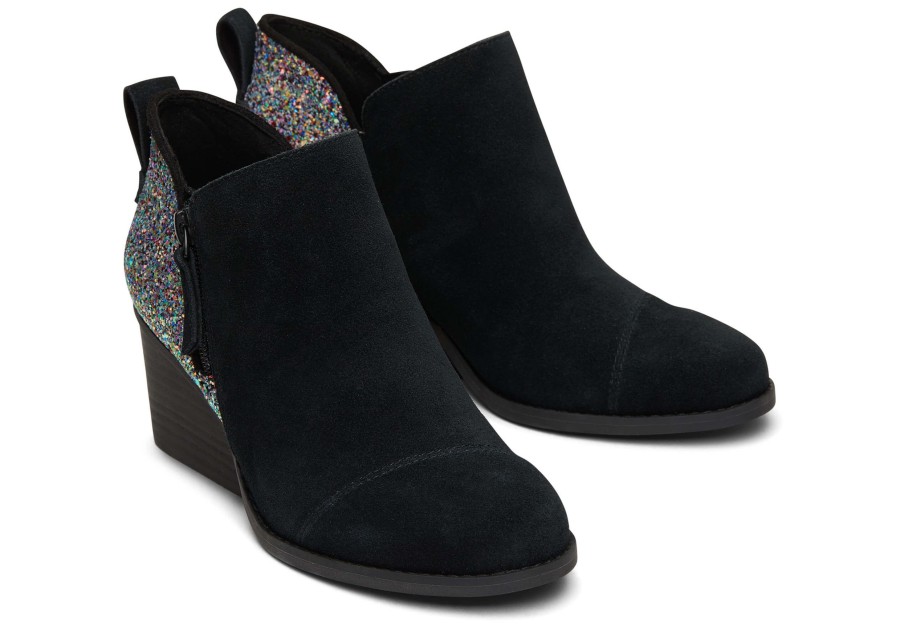 TOMS Dress Casual | Goldie Black Suede And Chunky Glitter Wedge Boot|Goldie Black Suede And Chunky Glitter Wedge Boot Suede Black Chunky Glitter