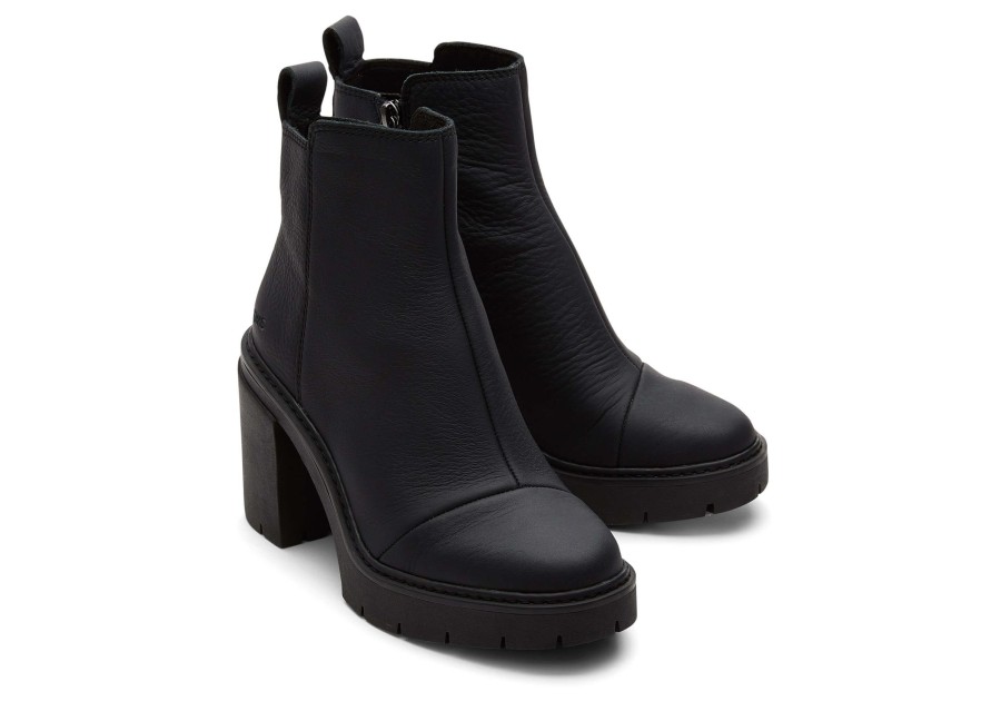 TOMS Platforms | Rya Black Leather Heeled Boot Black/Black